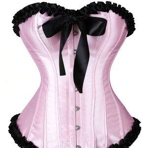 Brand New Women’s Baby Pink Satin Corset with Black Ruffle Trim w/ Bow